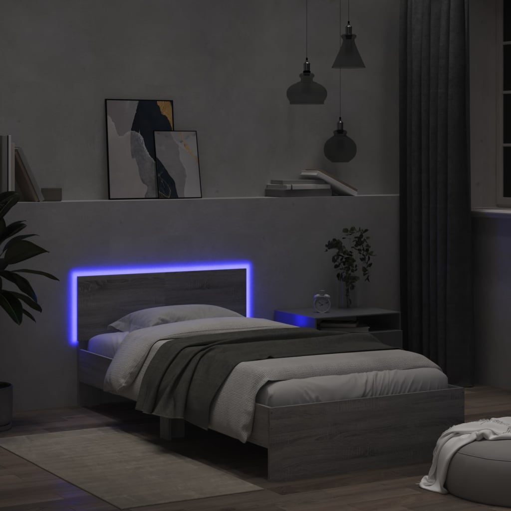 Bedframe met hoofdbord en LED grijs sonoma eiken 100x200 cm is nu te koop bij PeponiXL, paradijselijk wonen!