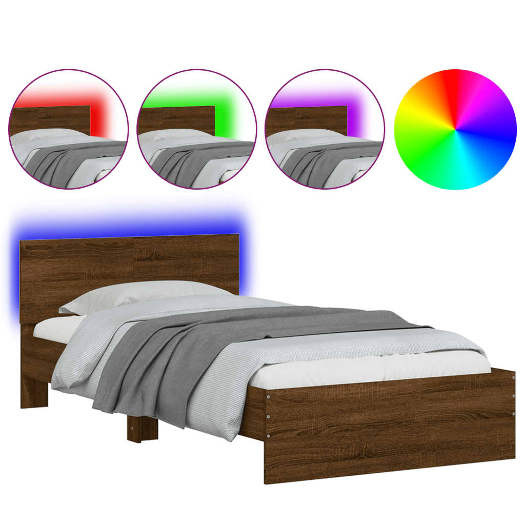 Bedframe met hoofdbord en LED bruin eikenkleur 100x200 cm is nu te koop bij PeponiXL, paradijselijk wonen!