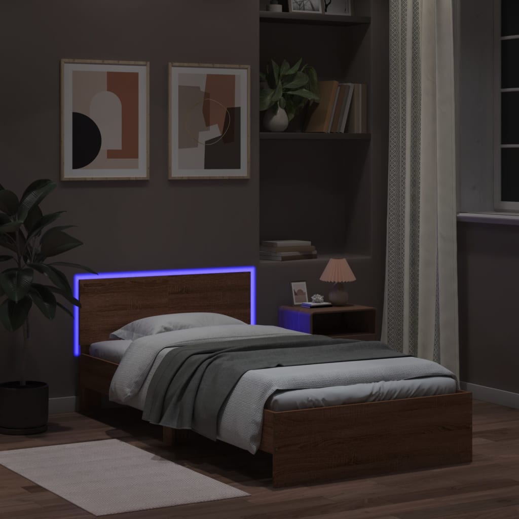 Bedframe met hoofdbord en LED bruin eikenkleur 100x200 cm is nu te koop bij PeponiXL, paradijselijk wonen!