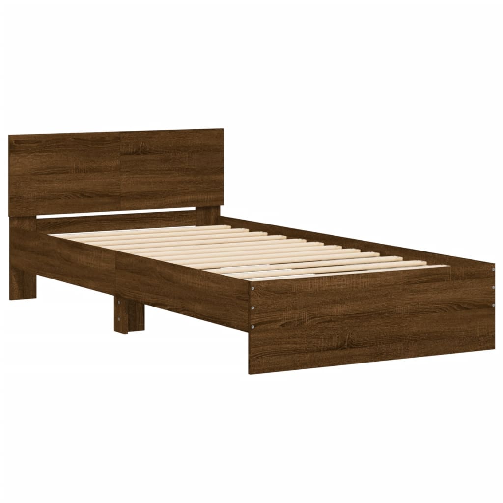 Bedframe met hoofdbord en LED bruin eikenkleur 100x200 cm is nu te koop bij PeponiXL, paradijselijk wonen!