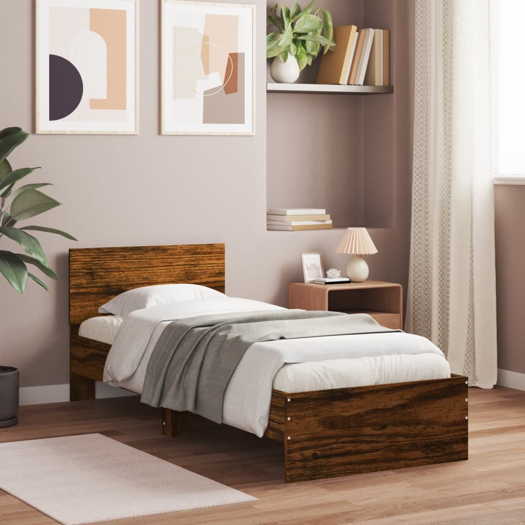 Bedframe met hoofdbord en LED gerookt eikenkleurig 90x190 cm is nu te koop bij PeponiXL, paradijselijk wonen!