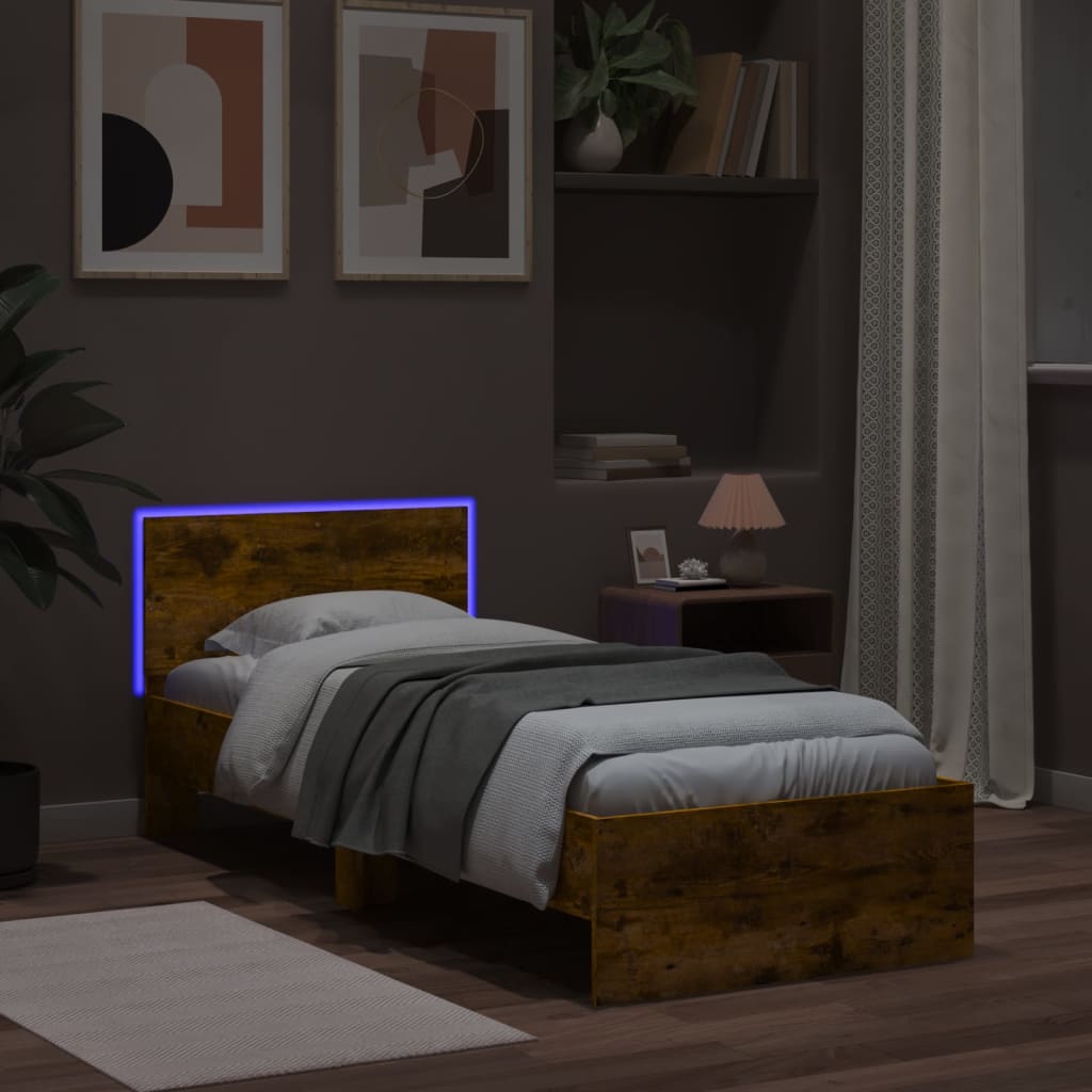 Bedframe met hoofdbord en LED gerookt eikenkleurig 90x190 cm is nu te koop bij PeponiXL, paradijselijk wonen!