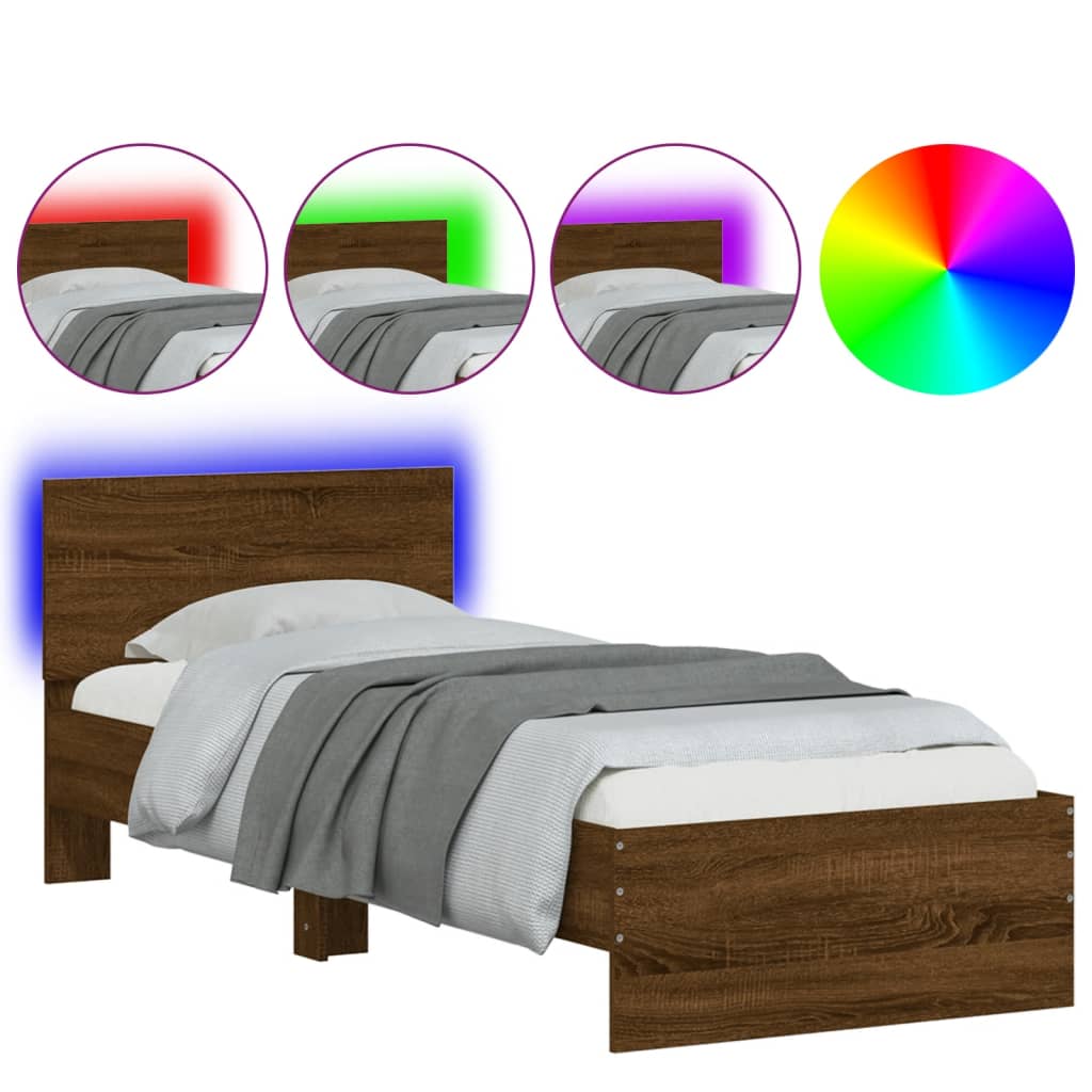 Bedframe met hoofdbord en LED bruin eikenkleur 90x190 cm is nu te koop bij PeponiXL, paradijselijk wonen!