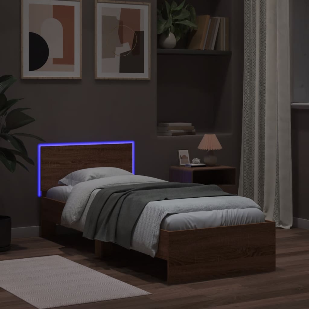 Bedframe met hoofdbord en LED bruin eikenkleur 90x190 cm is nu te koop bij PeponiXL, paradijselijk wonen!