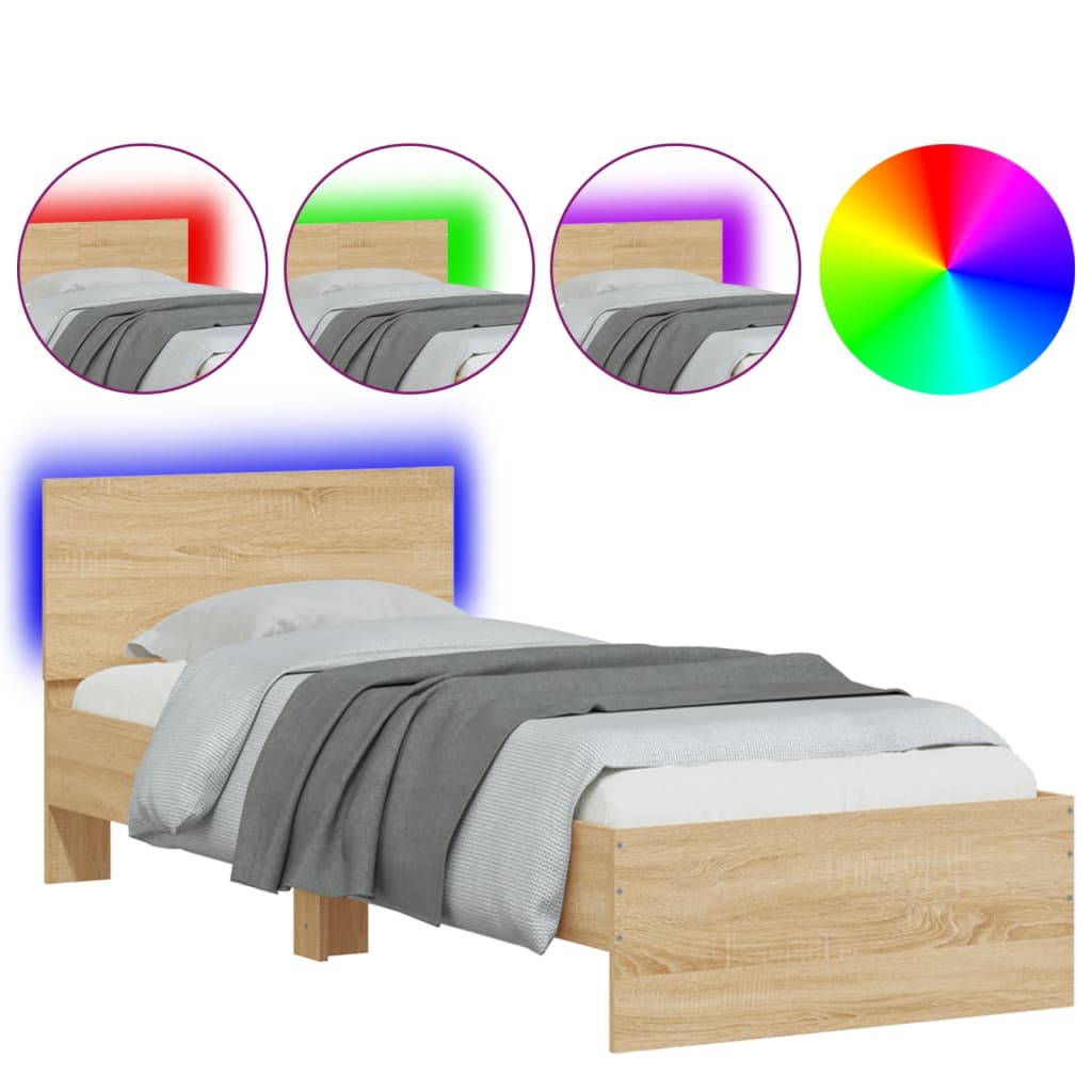 Bedframe met hoofdbord en LED sonoma eikenkleurig 75x190 cm is nu te koop bij PeponiXL, paradijselijk wonen!