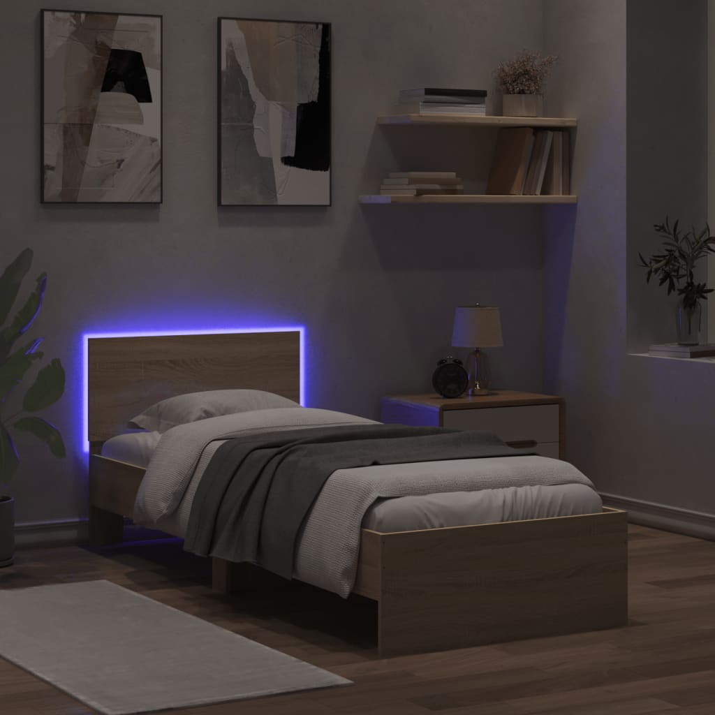 Bedframe met hoofdbord en LED sonoma eikenkleurig 75x190 cm is nu te koop bij PeponiXL, paradijselijk wonen!