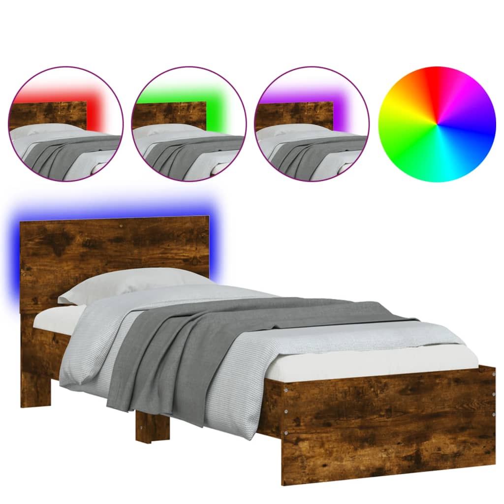 Bedframe met hoofdbord en LED gerookt eikenkleurig 75x190 cm is nu te koop bij PeponiXL, paradijselijk wonen!