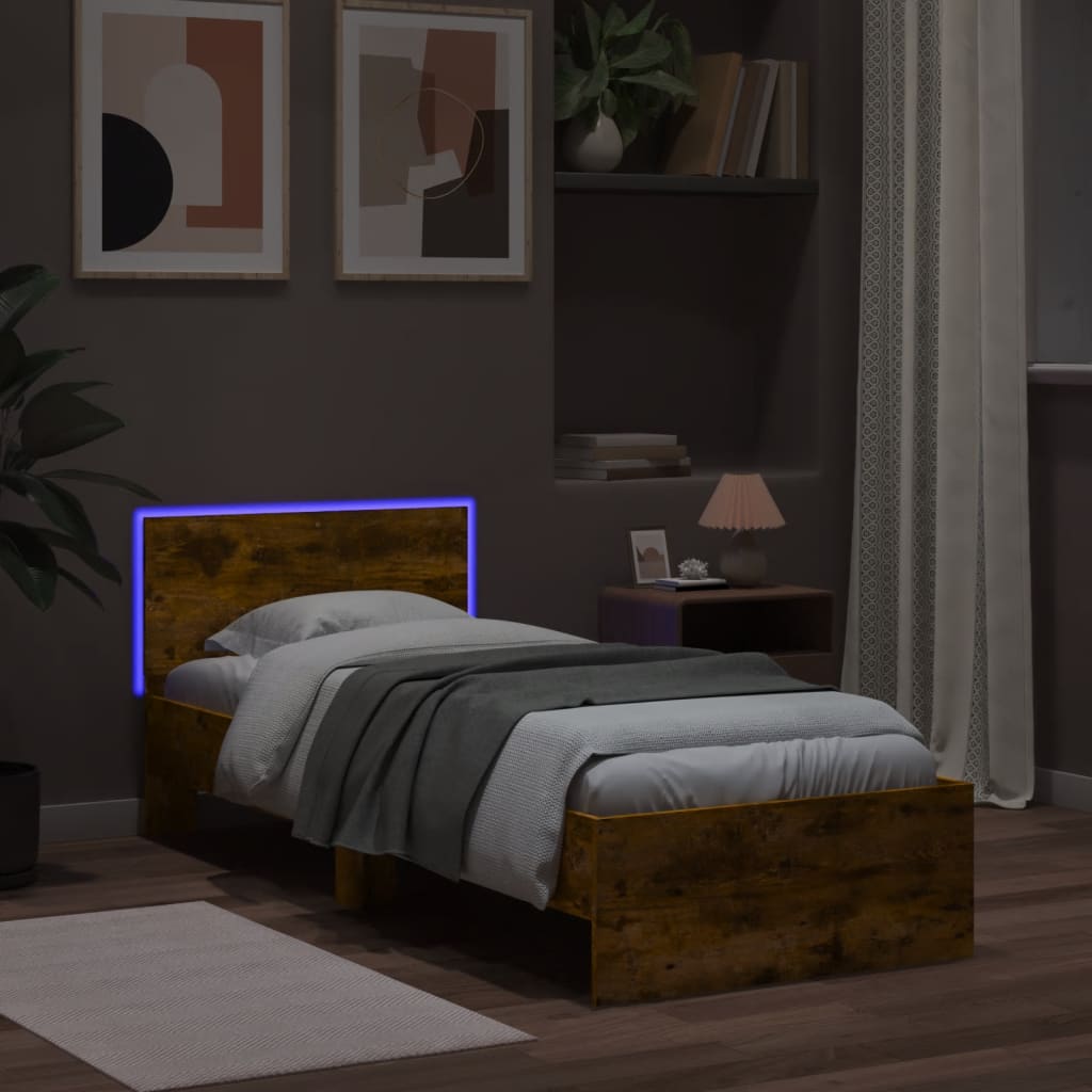 Bedframe met hoofdbord en LED gerookt eikenkleurig 75x190 cm is nu te koop bij PeponiXL, paradijselijk wonen!
