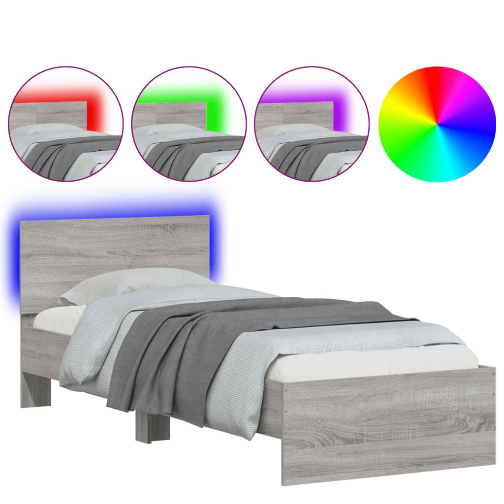 Bedframe met hoofdbord en LED grijs sonoma eikenkleur 75x190 cm is nu te koop bij PeponiXL, paradijselijk wonen!