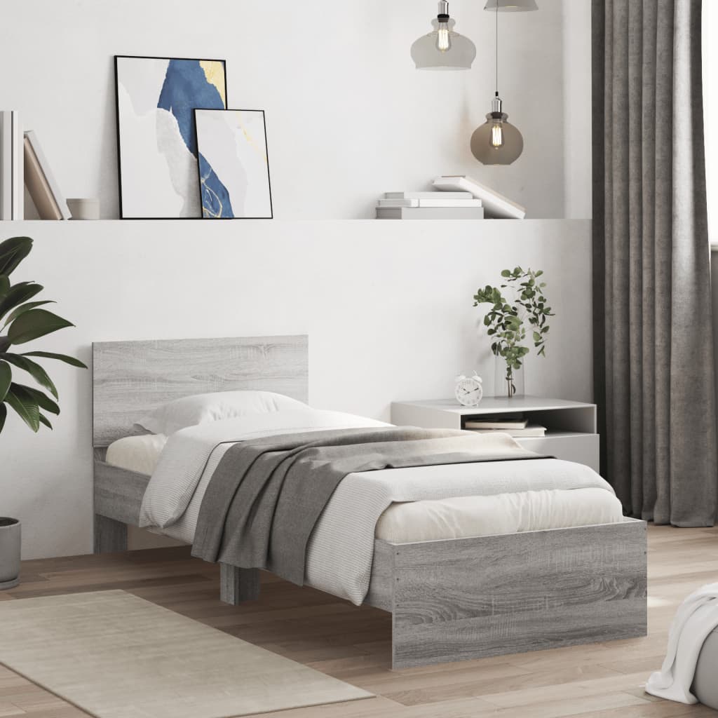 Bedframe met hoofdbord en LED grijs sonoma eikenkleur 75x190 cm is nu te koop bij PeponiXL, paradijselijk wonen!