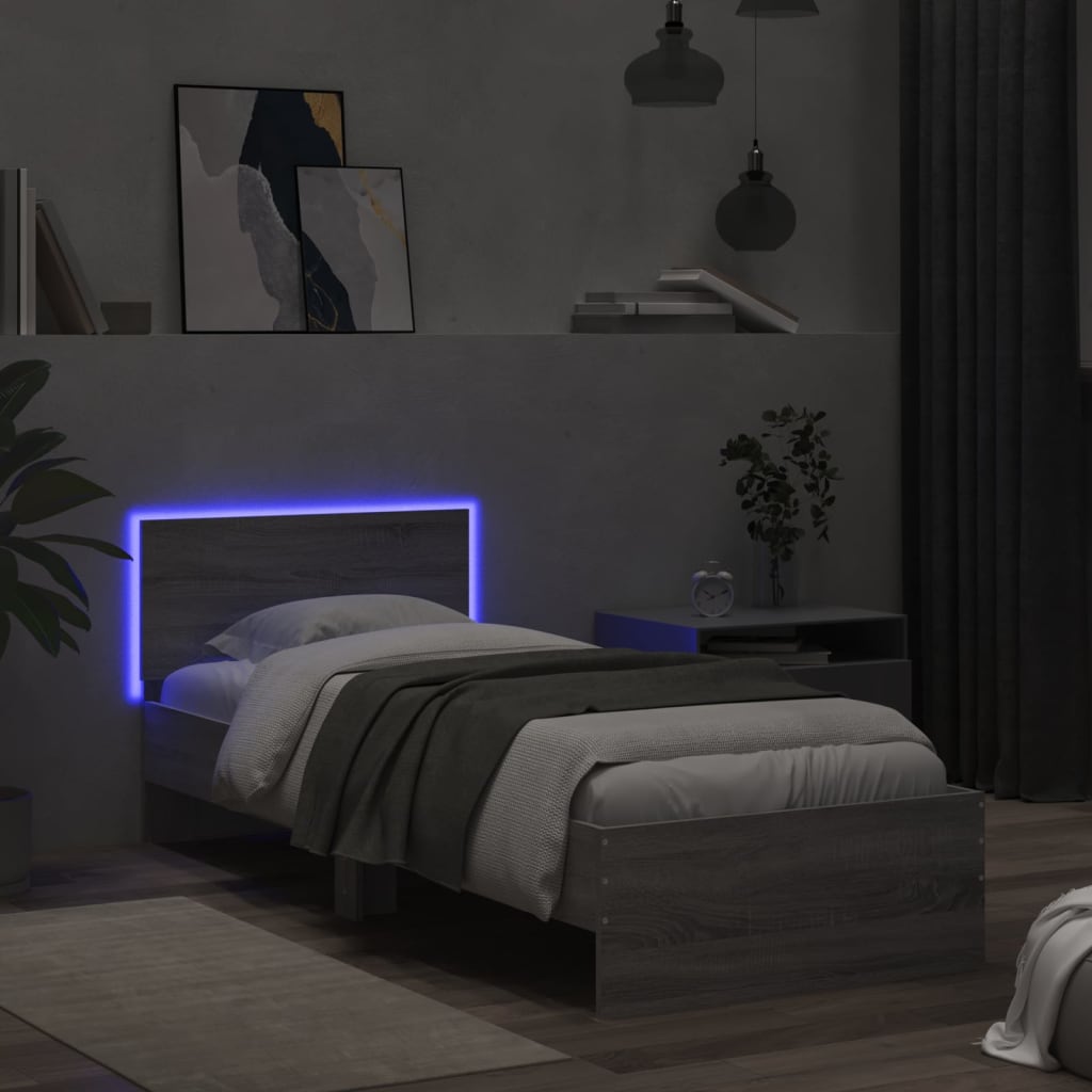 Bedframe met hoofdbord en LED grijs sonoma eikenkleur 75x190 cm is nu te koop bij PeponiXL, paradijselijk wonen!