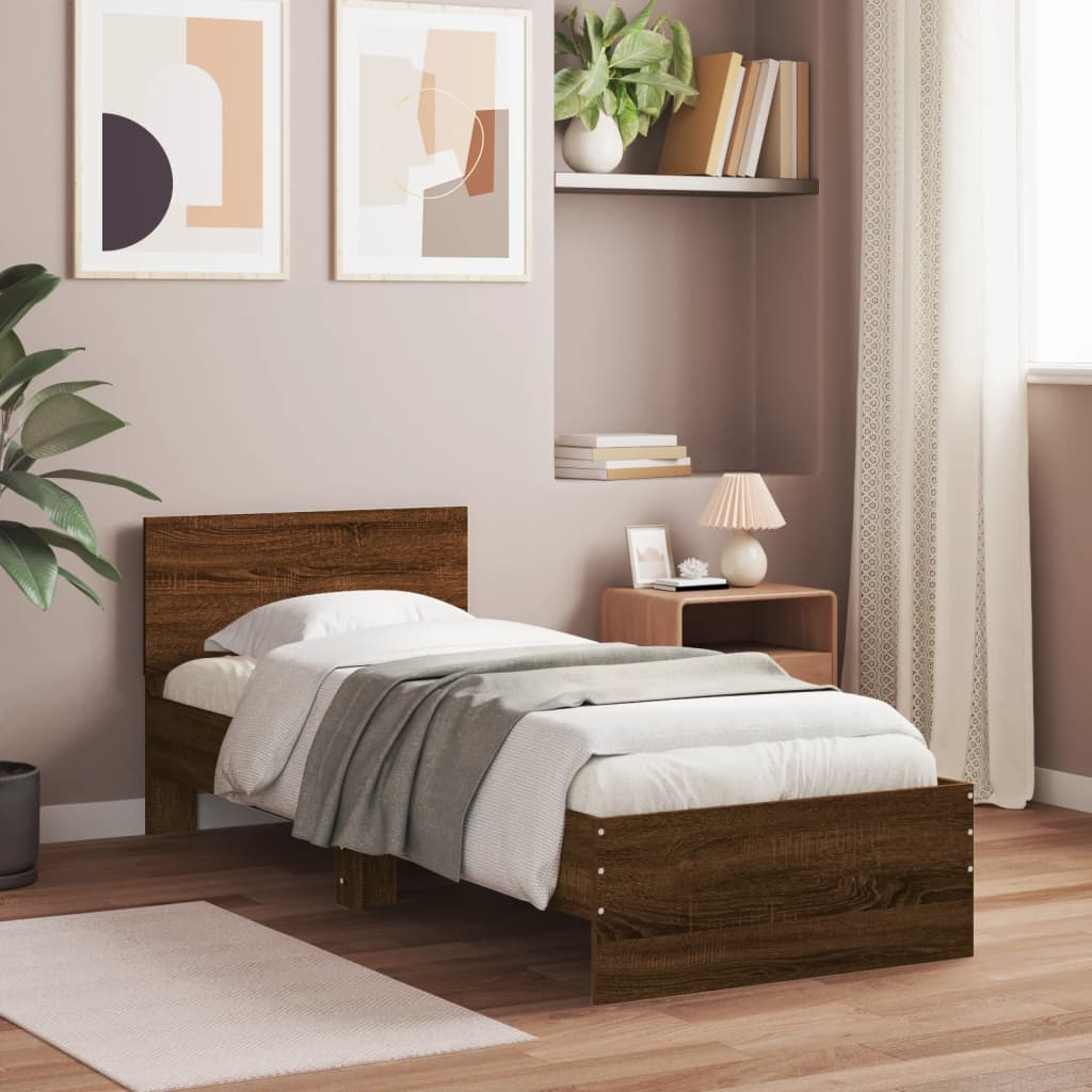 Bedframe met hoofdbord en LED bruin eikenkleur 75x190 cm is nu te koop bij PeponiXL, paradijselijk wonen!