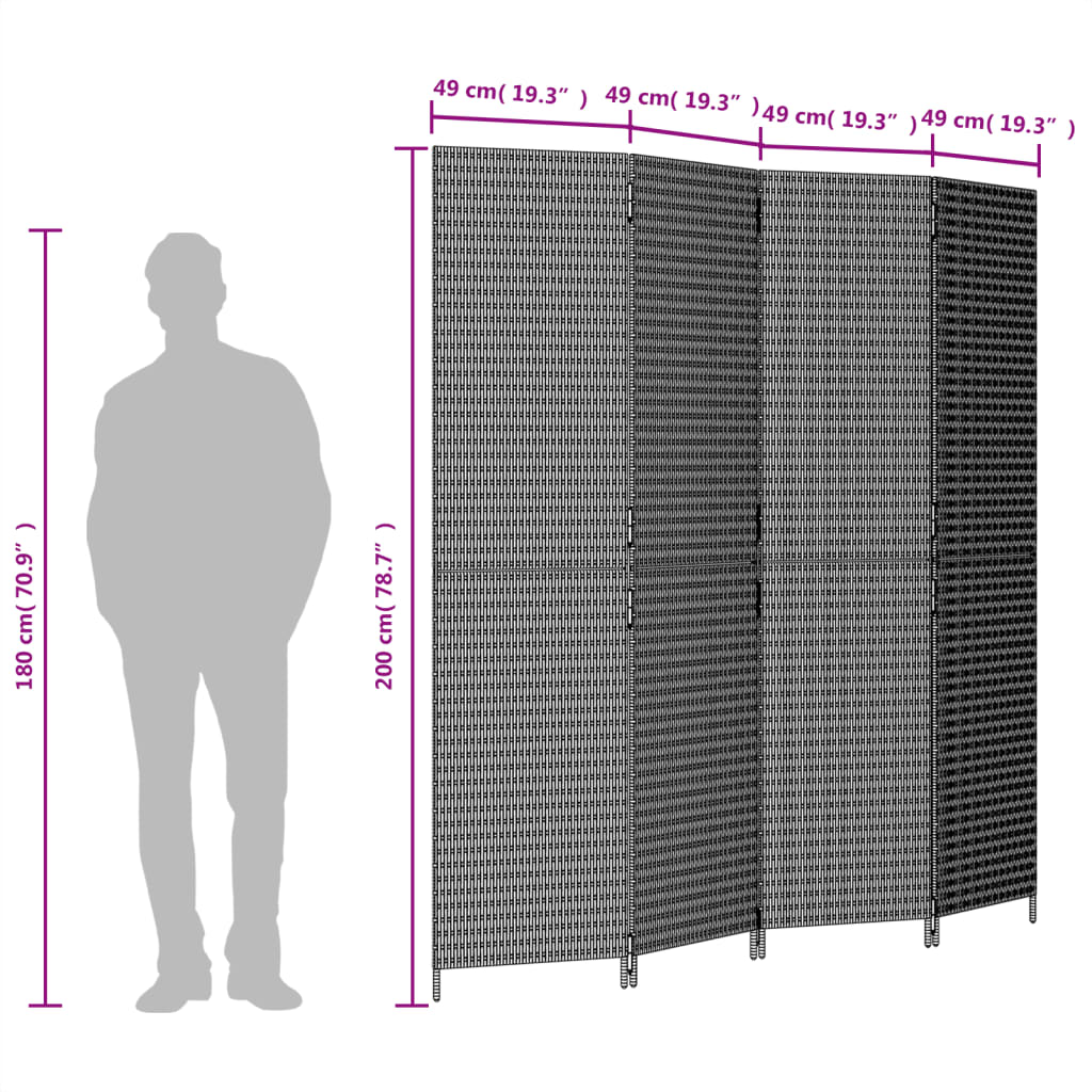 Kamerscherm 4 panelen poly rattan zwart is nu te koop bij PeponiXL, paradijselijk wonen!