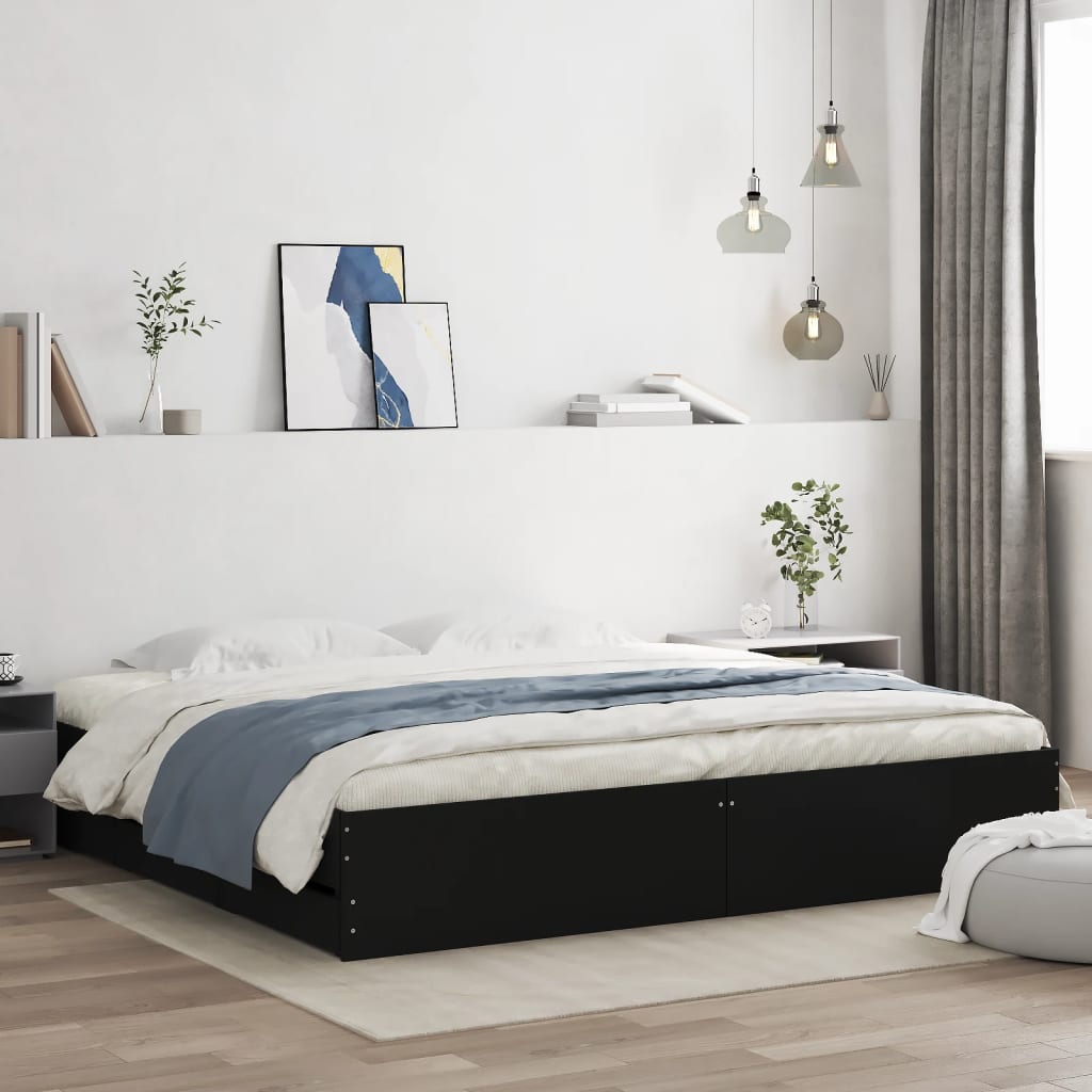 Bedframe met lades bewerkt hout zwart 200x200 cm is nu te koop bij PeponiXL, paradijselijk wonen!
