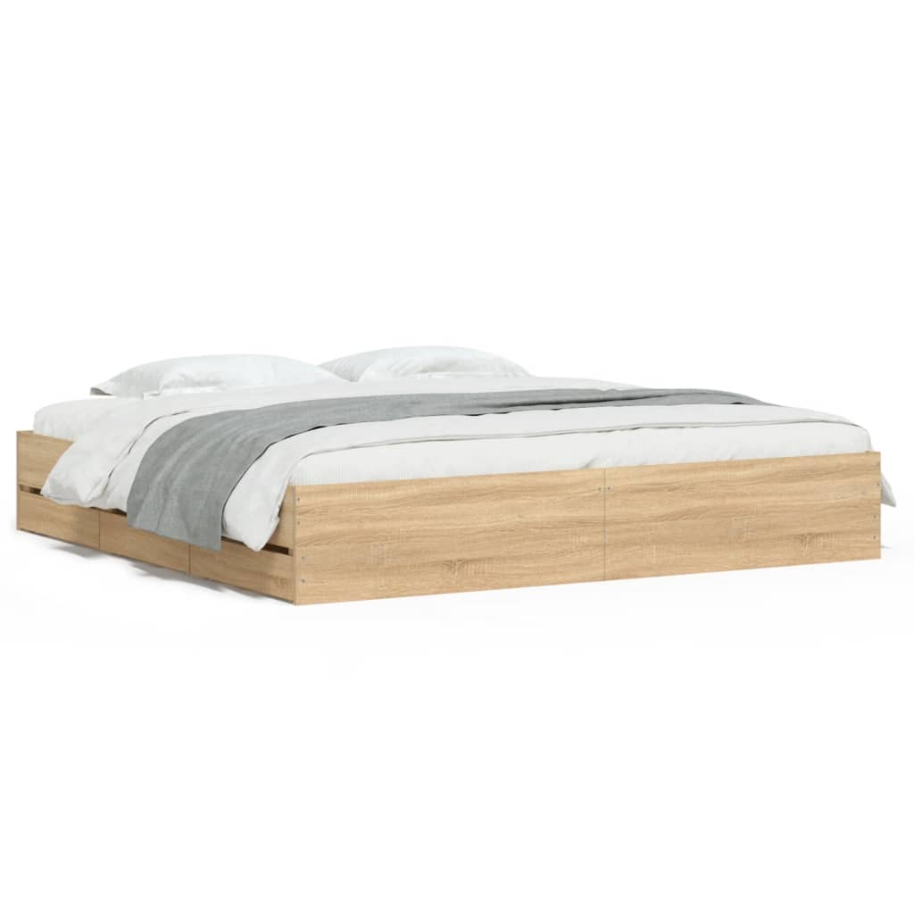 Bedframe met lades bewerkt hout sonoma eikenkleurig 200x200 cm is nu te koop bij PeponiXL, paradijselijk wonen!