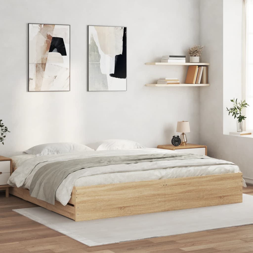 Bedframe met lades bewerkt hout sonoma eikenkleurig 200x200 cm is nu te koop bij PeponiXL, paradijselijk wonen!