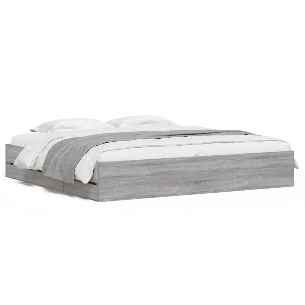 Bedframe met lades bewerkt hout grijs sonoma eiken 200x200 cm is nu te koop bij PeponiXL, paradijselijk wonen!