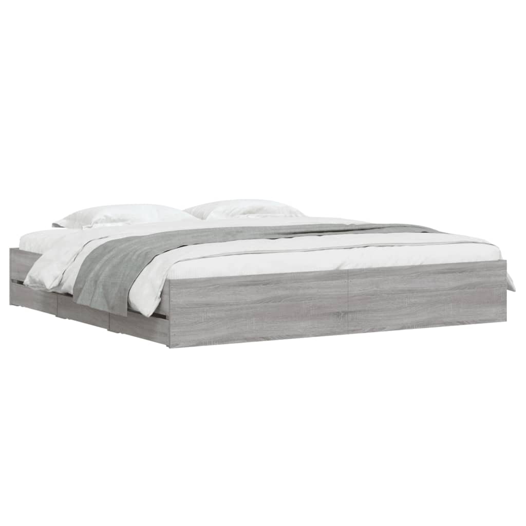 Bedframe met lades bewerkt hout grijs sonoma eiken 200x200 cm is nu te koop bij PeponiXL, paradijselijk wonen!