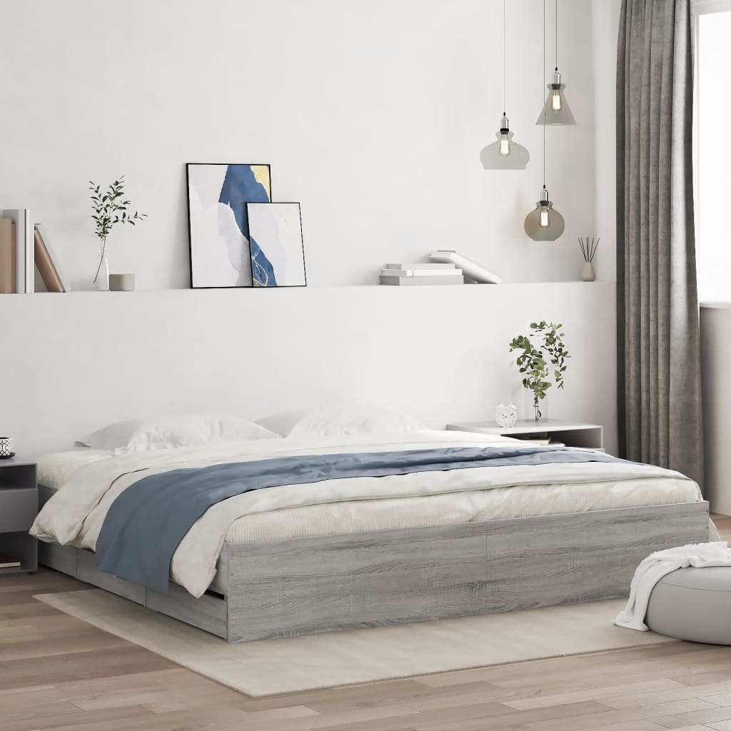 Bedframe met lades bewerkt hout grijs sonoma eiken 200x200 cm is nu te koop bij PeponiXL, paradijselijk wonen!
