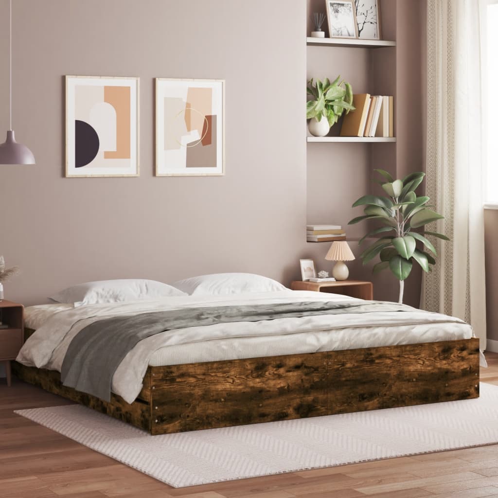 Bedframe met lades bewerkt hout gerookt eikenkleurig 180x200 cm is nu te koop bij PeponiXL, paradijselijk wonen!