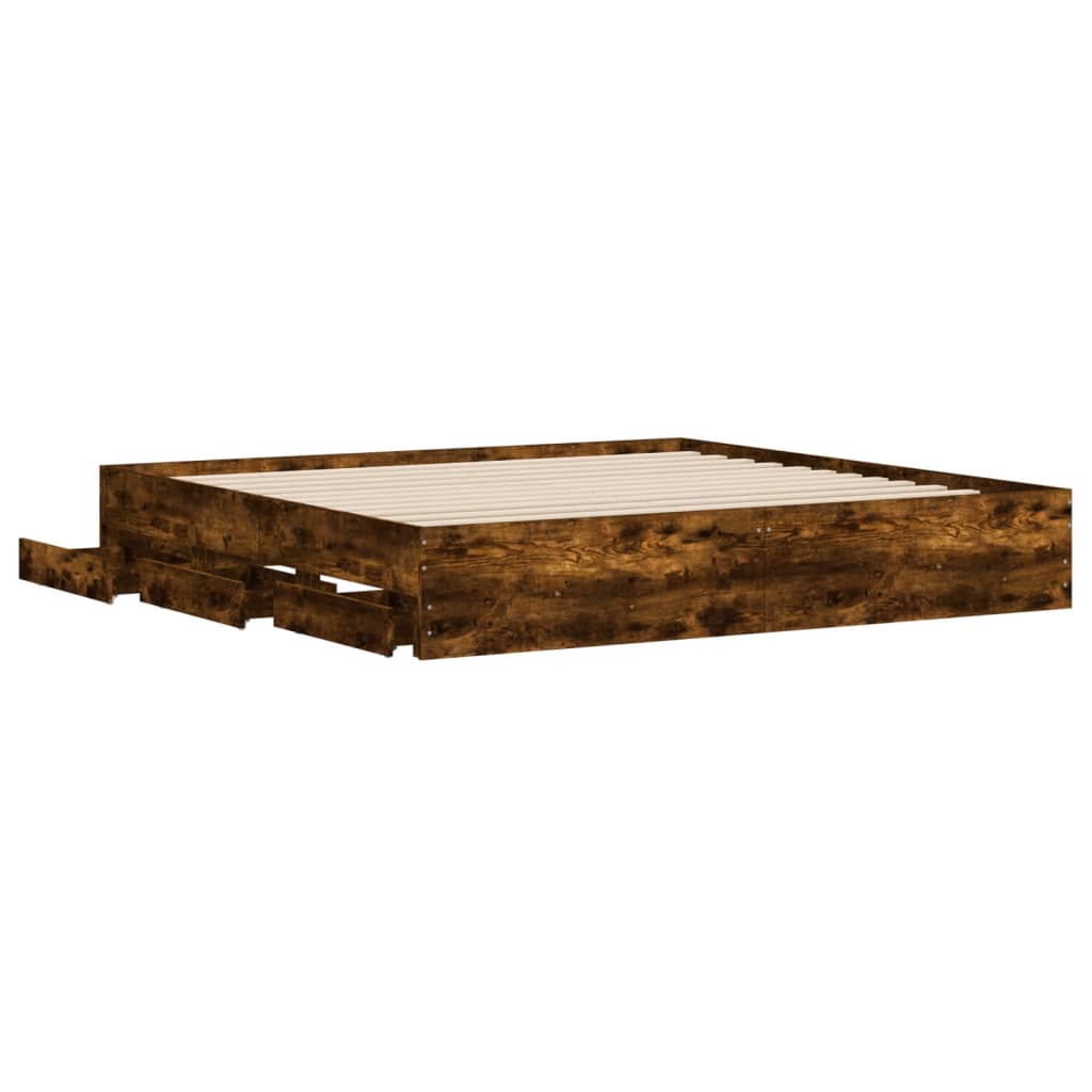 Bedframe met lades bewerkt hout gerookt eikenkleurig 160x200 cm is nu te koop bij PeponiXL, paradijselijk wonen!
