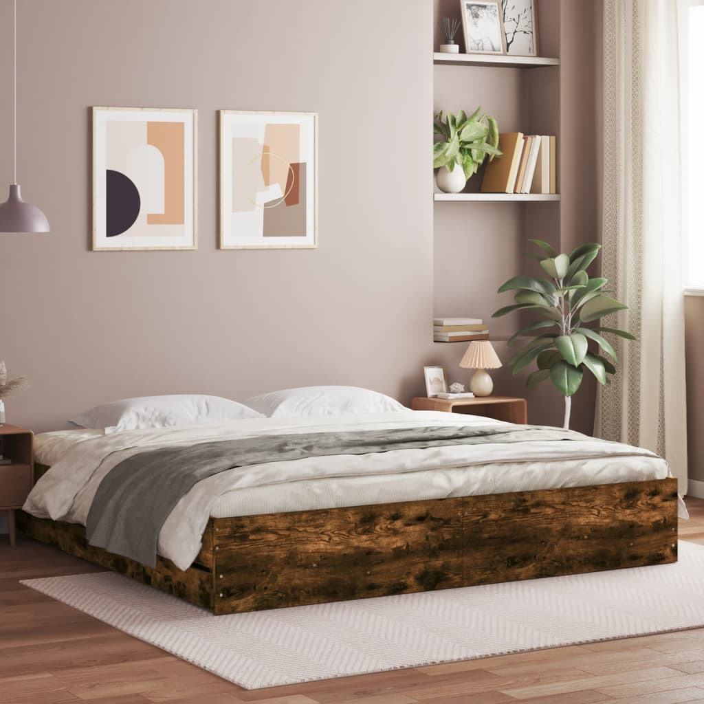 Bedframe met lades bewerkt hout gerookt eikenkleurig 160x200 cm is nu te koop bij PeponiXL, paradijselijk wonen!