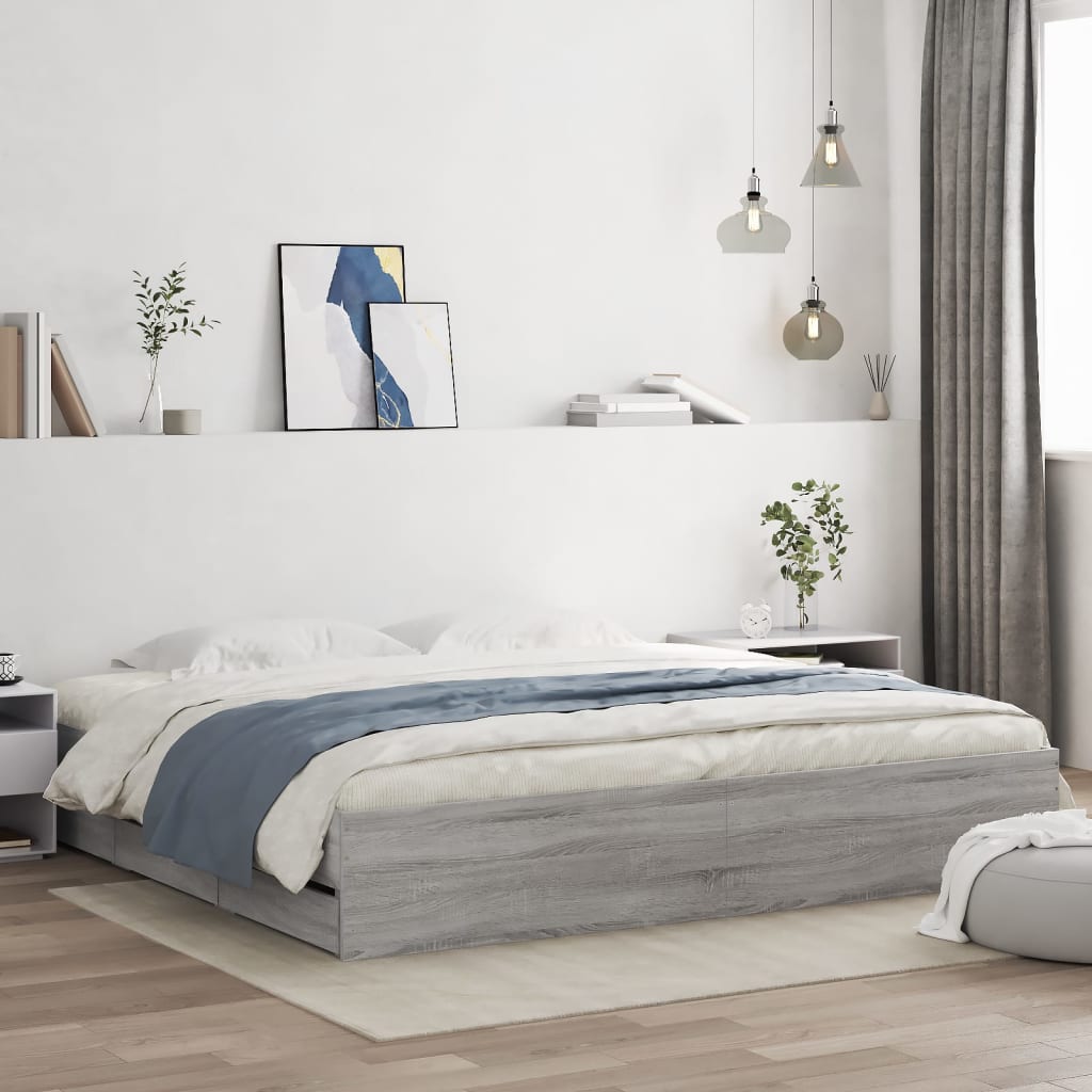 Bedframe met lades bewerkt hout grijs sonoma eiken 160x200 cm is nu te koop bij PeponiXL, paradijselijk wonen!