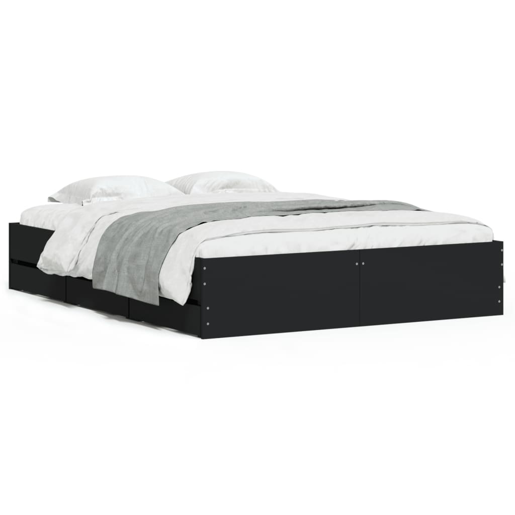 Bedframe met lades bewerkt hout zwart 150x200 cm is nu te koop bij PeponiXL, paradijselijk wonen!