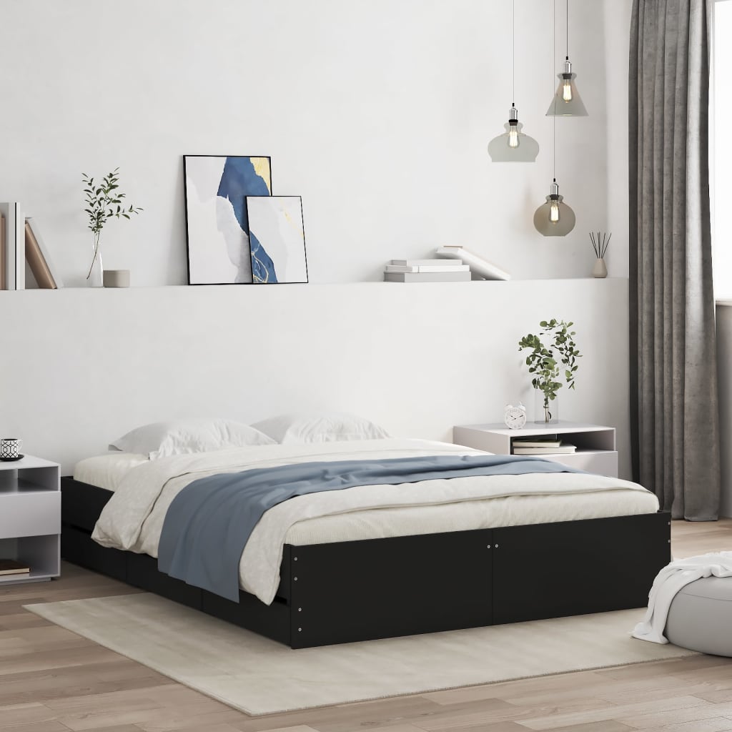 Bedframe met lades bewerkt hout zwart 150x200 cm is nu te koop bij PeponiXL, paradijselijk wonen!