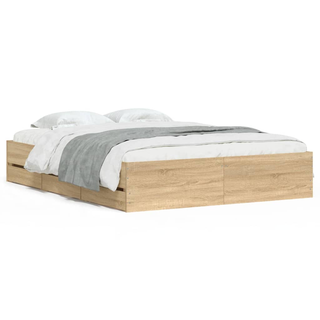 Bedframe met lades bewerkt hout sonoma eikenkleurig 150x200 cm is nu te koop bij PeponiXL, paradijselijk wonen!
