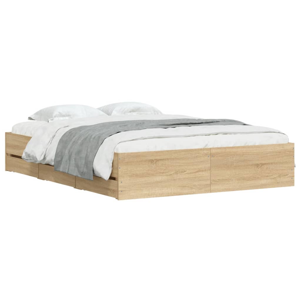 Bedframe met lades bewerkt hout sonoma eikenkleurig 150x200 cm is nu te koop bij PeponiXL, paradijselijk wonen!