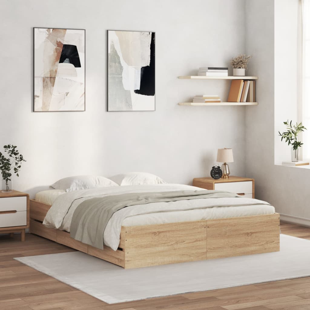 Bedframe met lades bewerkt hout sonoma eikenkleurig 150x200 cm is nu te koop bij PeponiXL, paradijselijk wonen!
