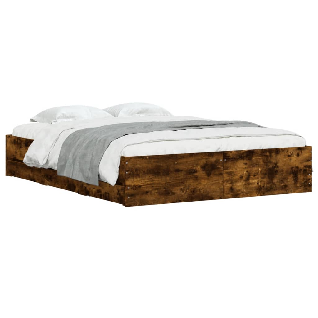 Bedframe met lades bewerkt hout gerookt eikenkleurig 150x200 cm is nu te koop bij PeponiXL, paradijselijk wonen!