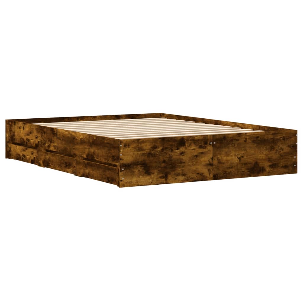 Bedframe met lades bewerkt hout gerookt eikenkleurig 150x200 cm is nu te koop bij PeponiXL, paradijselijk wonen!
