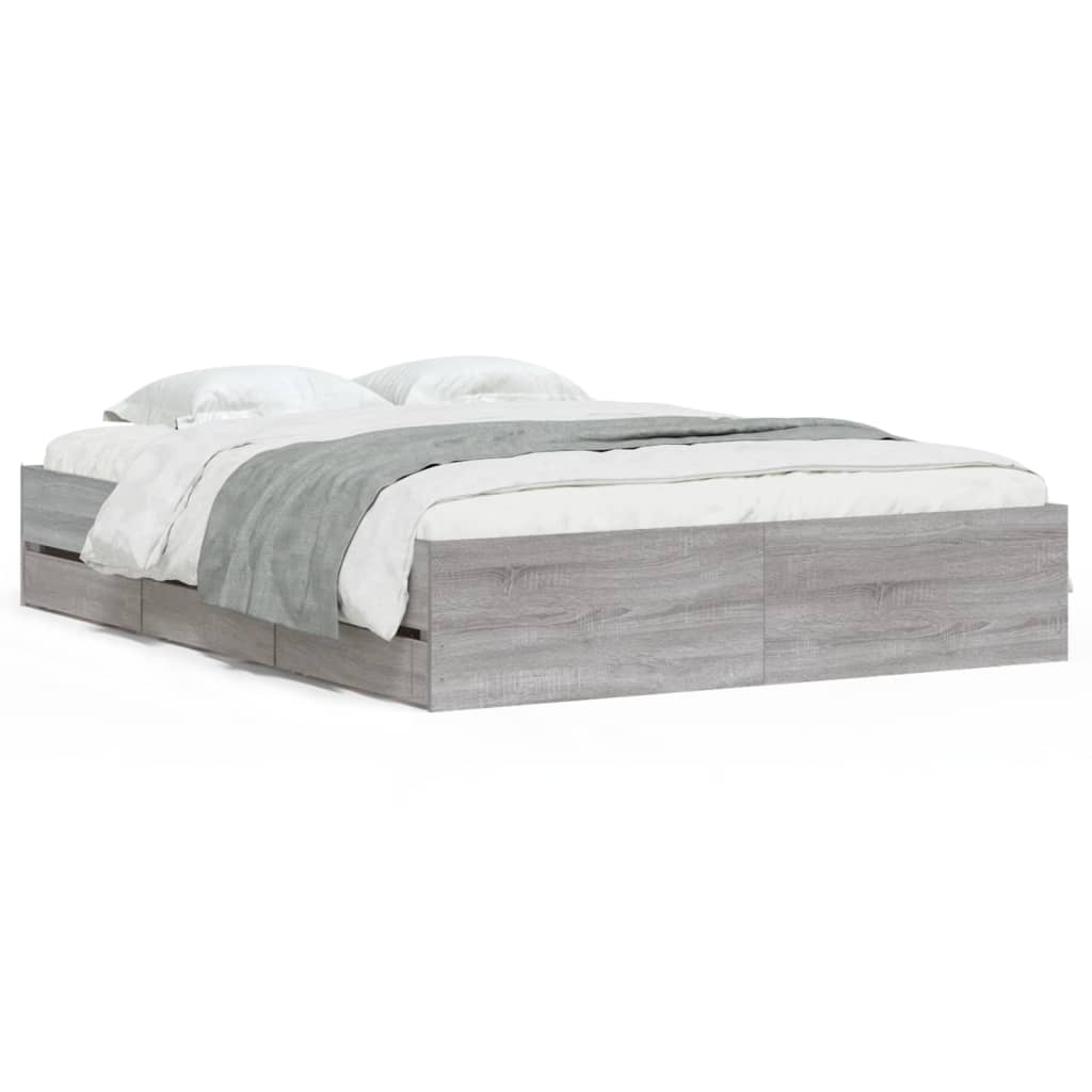 Bedframe met lades bewerkt hout grijs sonoma eiken 150x200 cm is nu te koop bij PeponiXL, paradijselijk wonen!