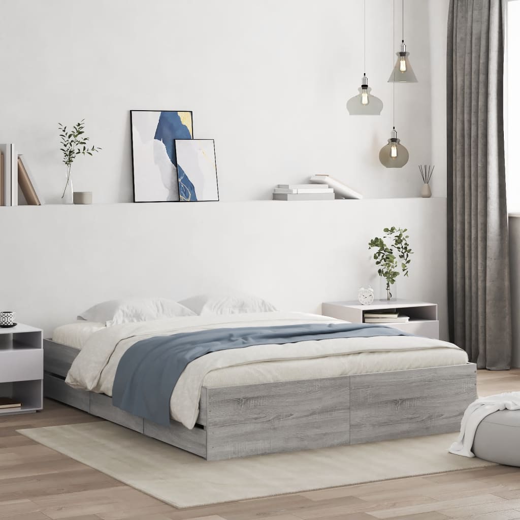Bedframe met lades bewerkt hout grijs sonoma eiken 150x200 cm is nu te koop bij PeponiXL, paradijselijk wonen!