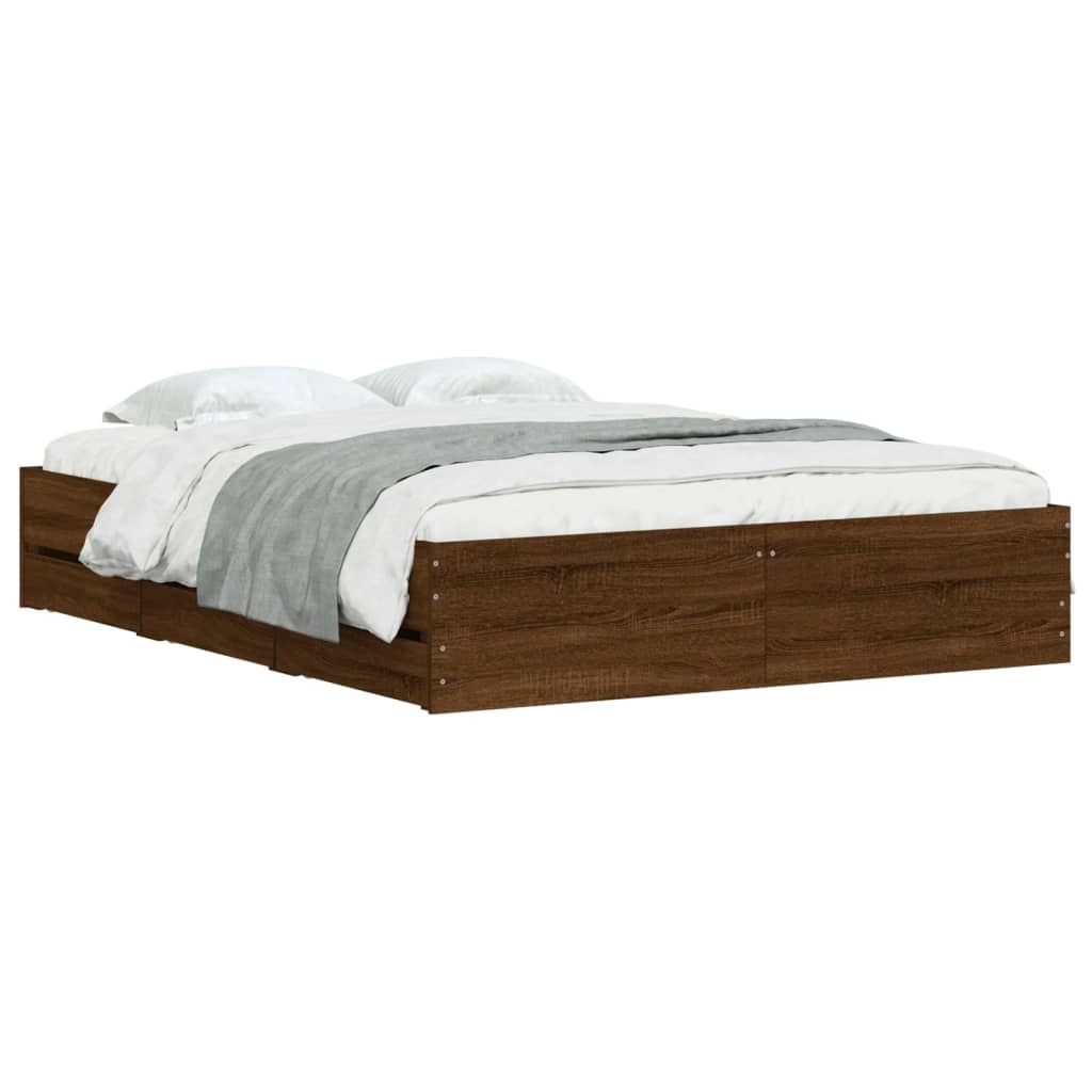 Bedframe met lades bewerkt hout bruin eikenkleur 150x200 cm is nu te koop bij PeponiXL, paradijselijk wonen!