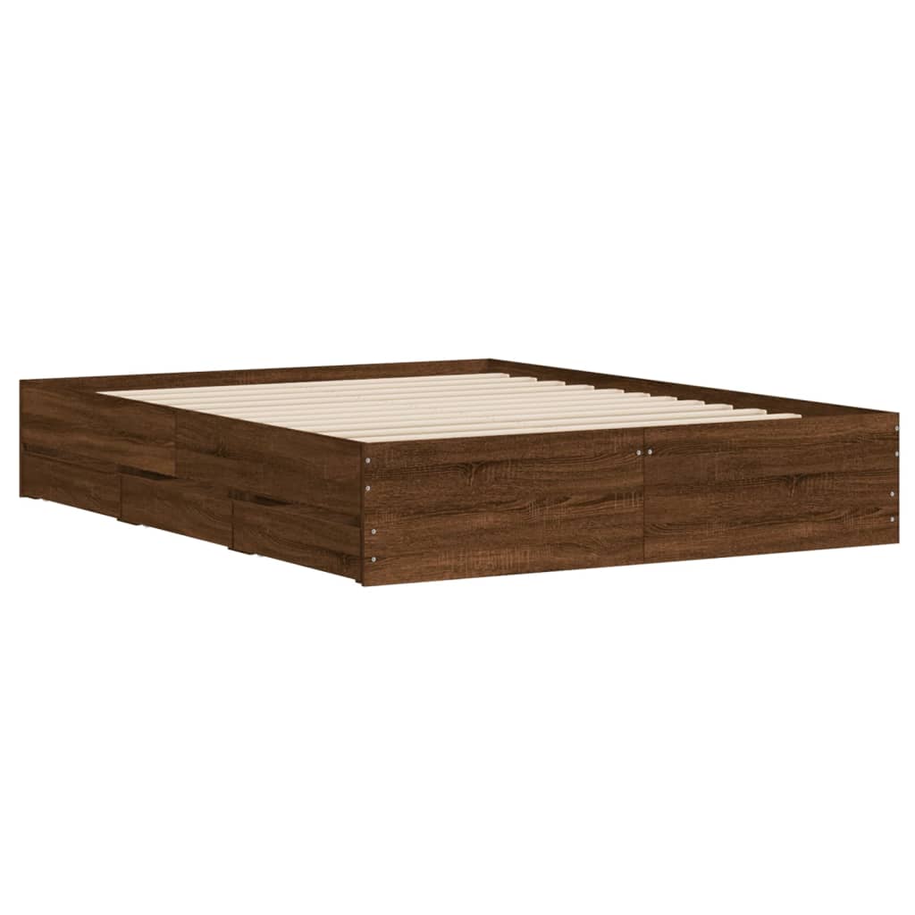 Bedframe met lades bewerkt hout bruin eikenkleur 150x200 cm is nu te koop bij PeponiXL, paradijselijk wonen!