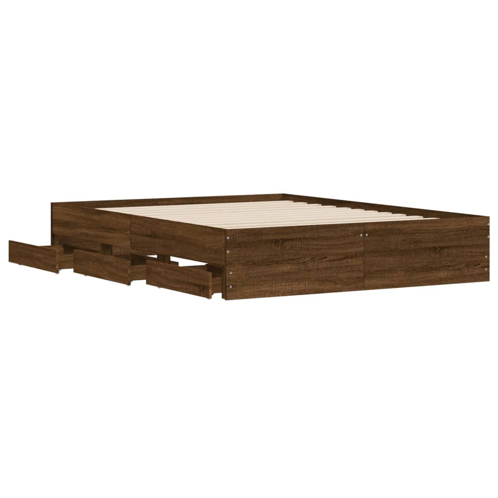 Bedframe met lades bewerkt hout bruin eikenkleur 150x200 cm is nu te koop bij PeponiXL, paradijselijk wonen!