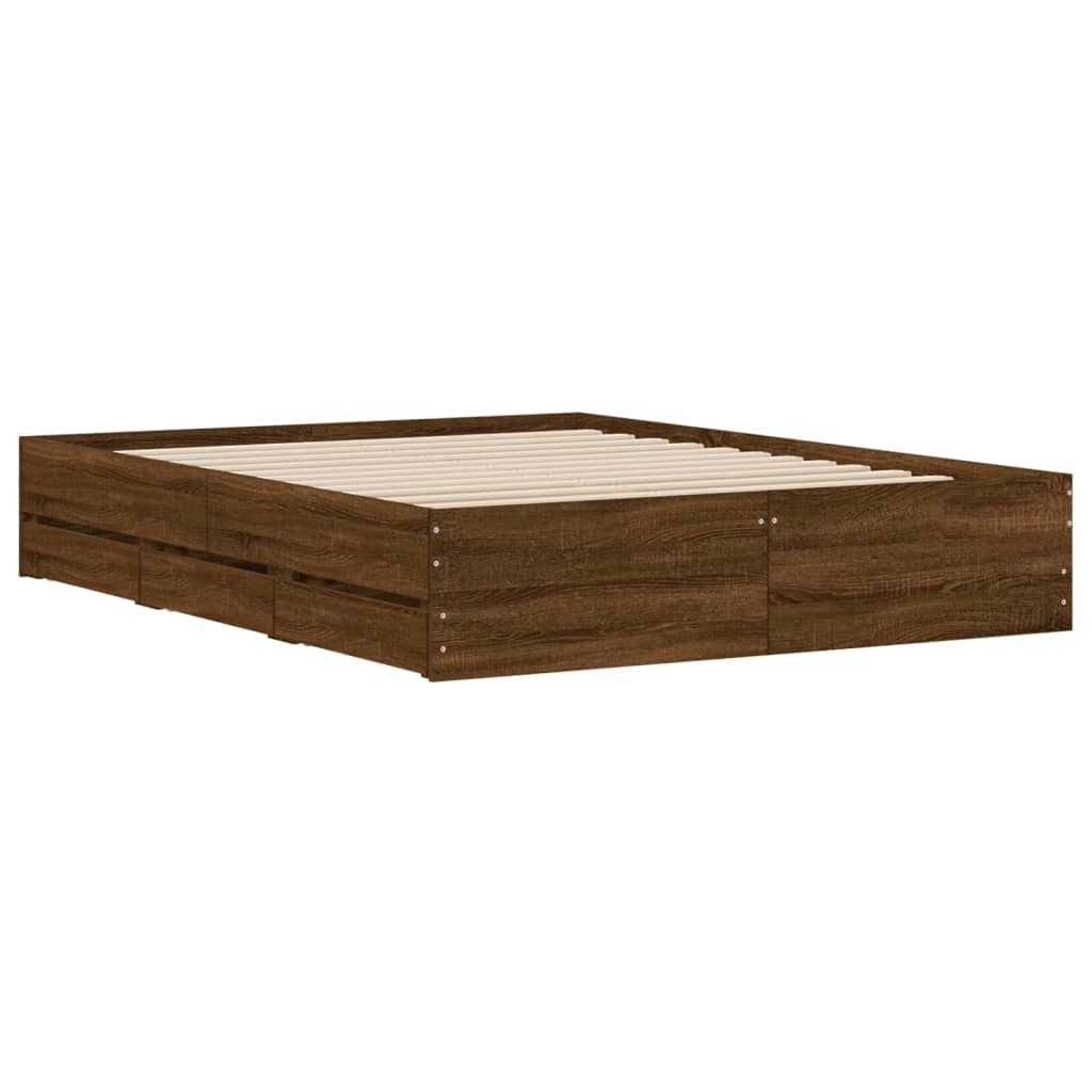 Bedframe met lades bewerkt hout bruin eikenkleur 150x200 cm is nu te koop bij PeponiXL, paradijselijk wonen!