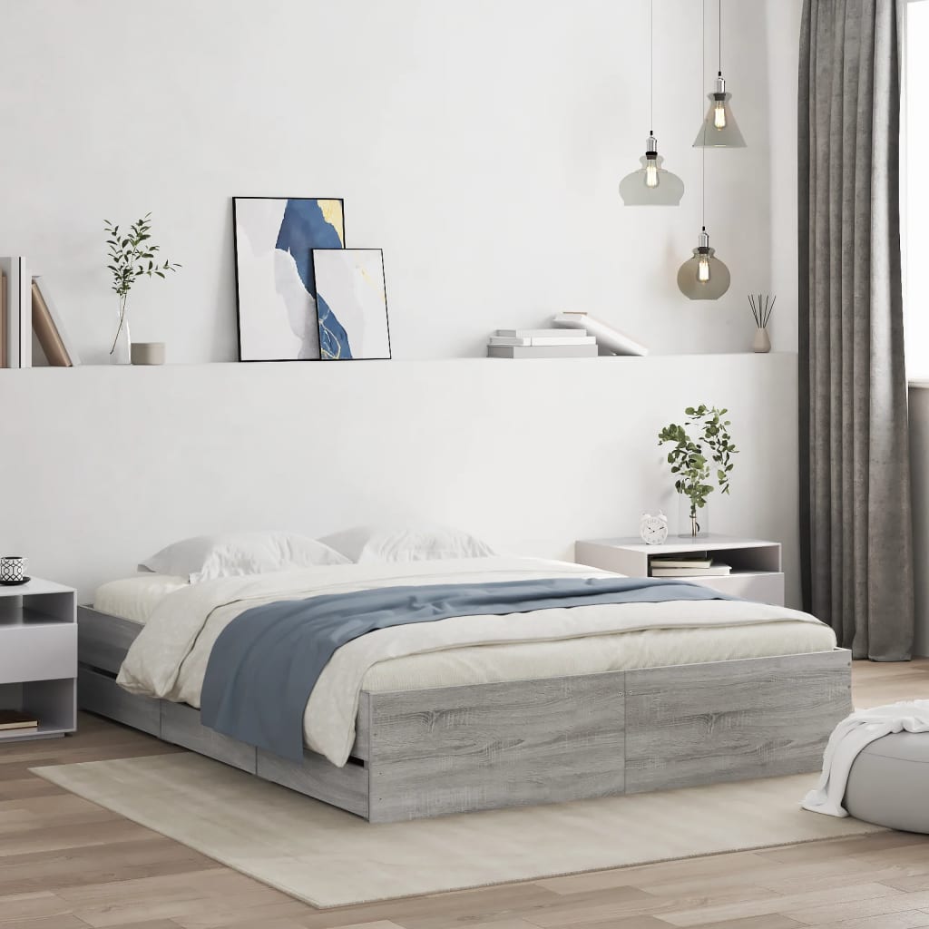 Bedframe met lades bewerkt hout grijs sonoma eiken 140x200 cm is nu te koop bij PeponiXL, paradijselijk wonen!