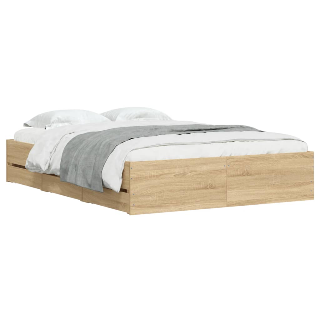 Bedframe met lades bewerkt hout sonoma eikenkleurig 120x200 cm is nu te koop bij PeponiXL, paradijselijk wonen!