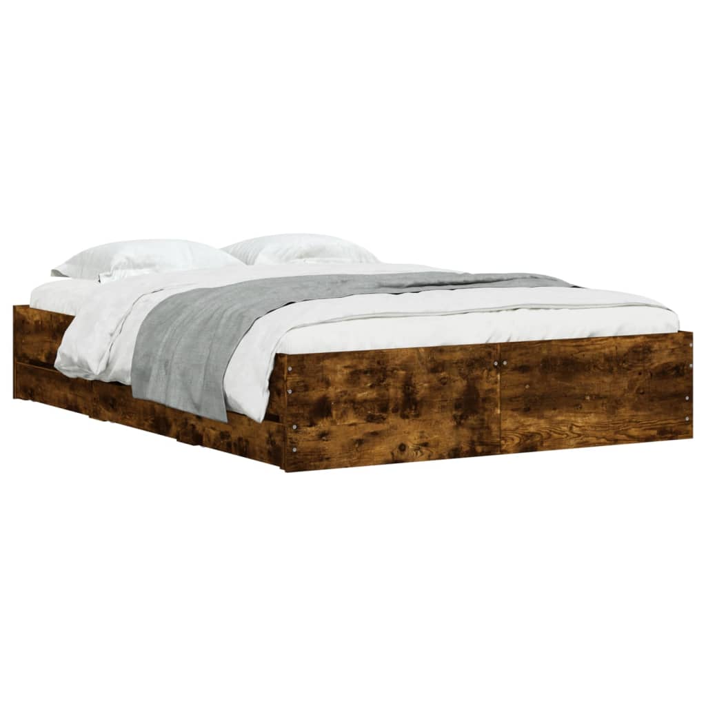 Bedframe met lades bewerkt hout gerookt eikenkleurig 120x200 cm is nu te koop bij PeponiXL, paradijselijk wonen!