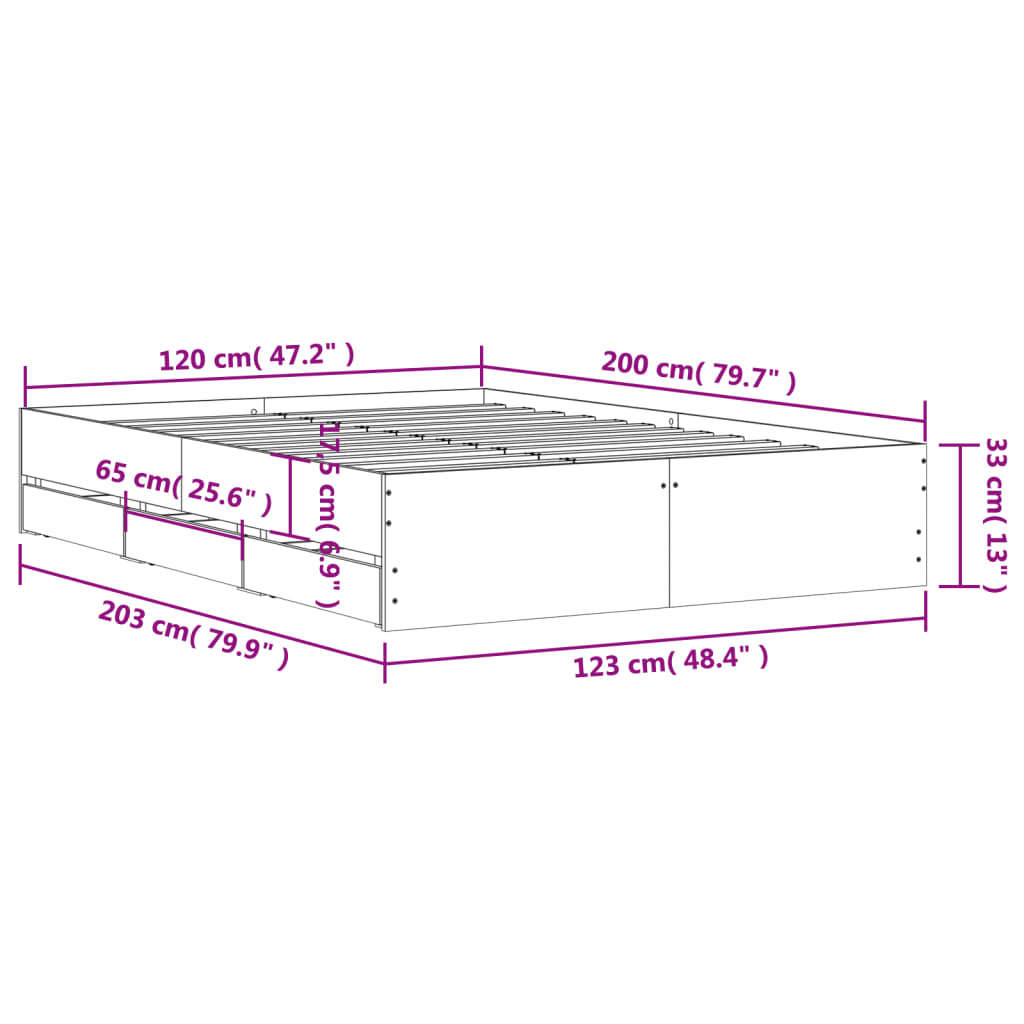 Bedframe met lades bewerkt hout gerookt eikenkleurig 120x200 cm is nu te koop bij PeponiXL, paradijselijk wonen!