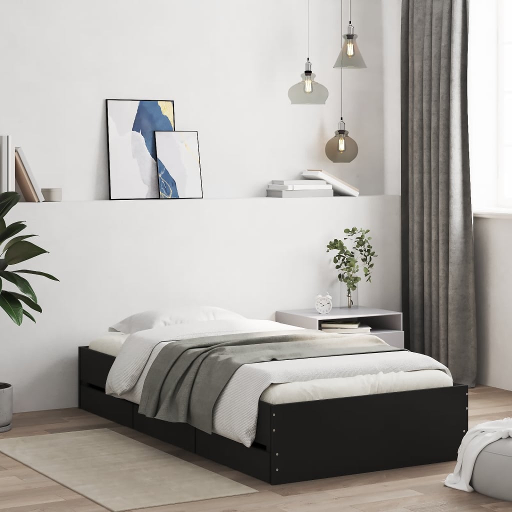 Bedframe met lades bewerkt hout zwart 100x200 cm is nu te koop bij PeponiXL, paradijselijk wonen!