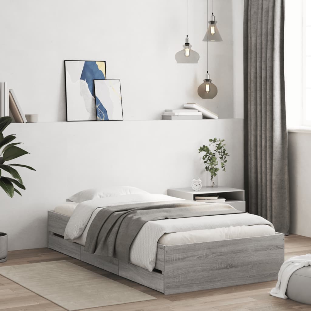 Bedframe met lades bewerkt hout grijs sonoma eiken 100x200 cm is nu te koop bij PeponiXL, paradijselijk wonen!