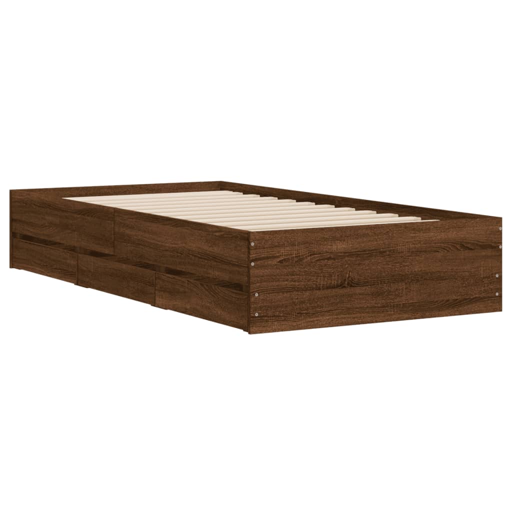 Bedframe met lades bewerkt hout bruin eikenkleur 100x200 cm is nu te koop bij PeponiXL, paradijselijk wonen!