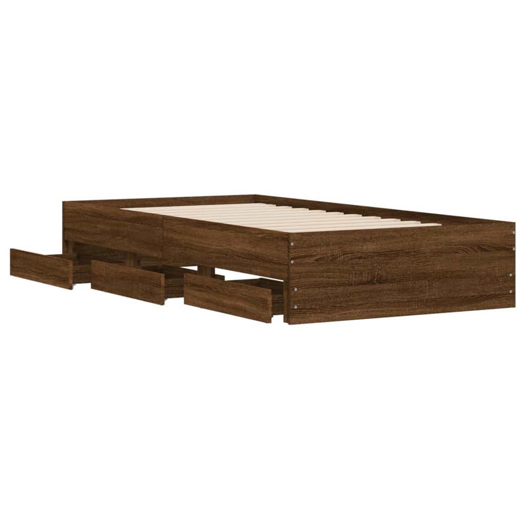 Bedframe met lades bewerkt hout bruin eikenkleur 100x200 cm is nu te koop bij PeponiXL, paradijselijk wonen!