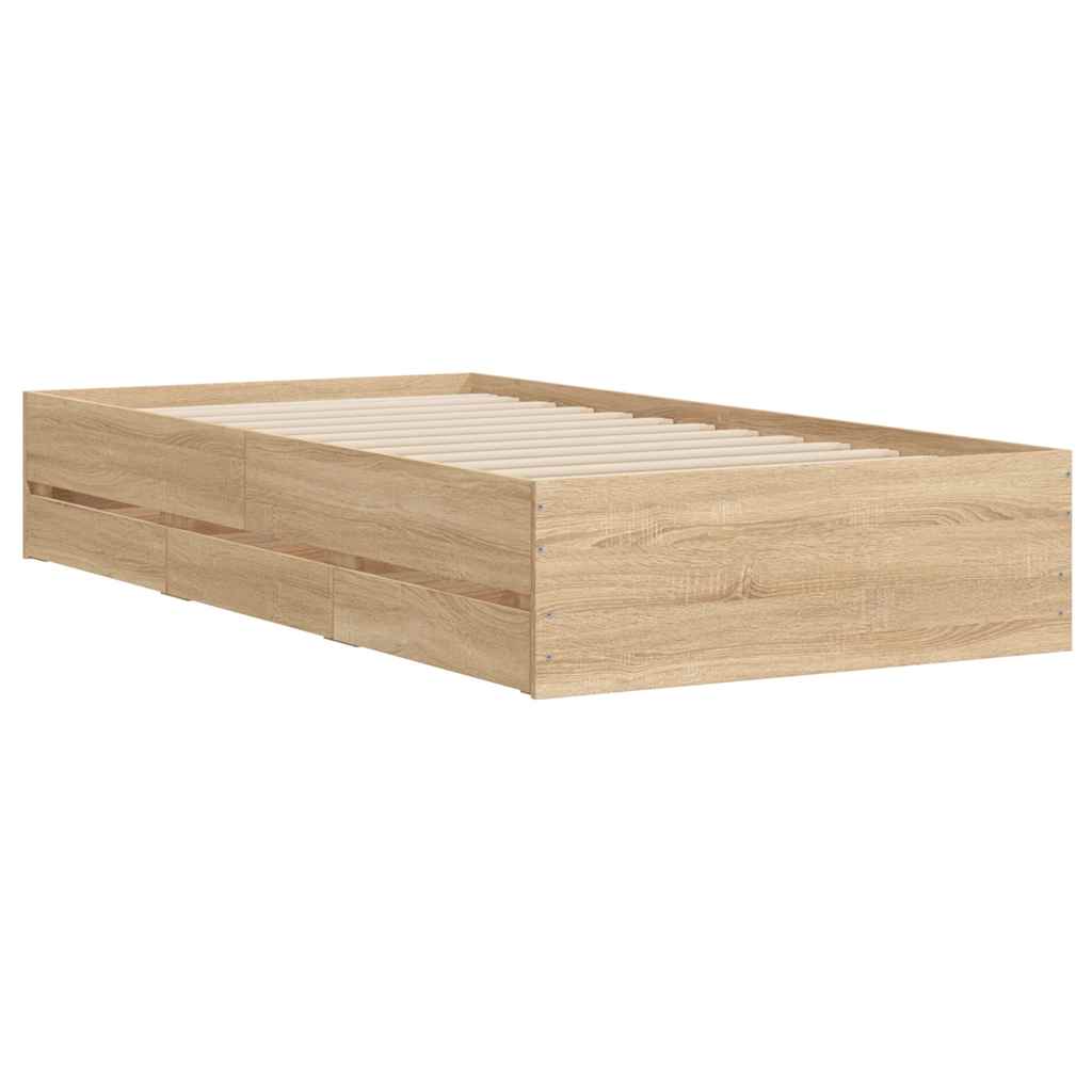 Bedframe met lades bewerkt hout sonoma eikenkleurig 90x200 cm is nu te koop bij PeponiXL, paradijselijk wonen!