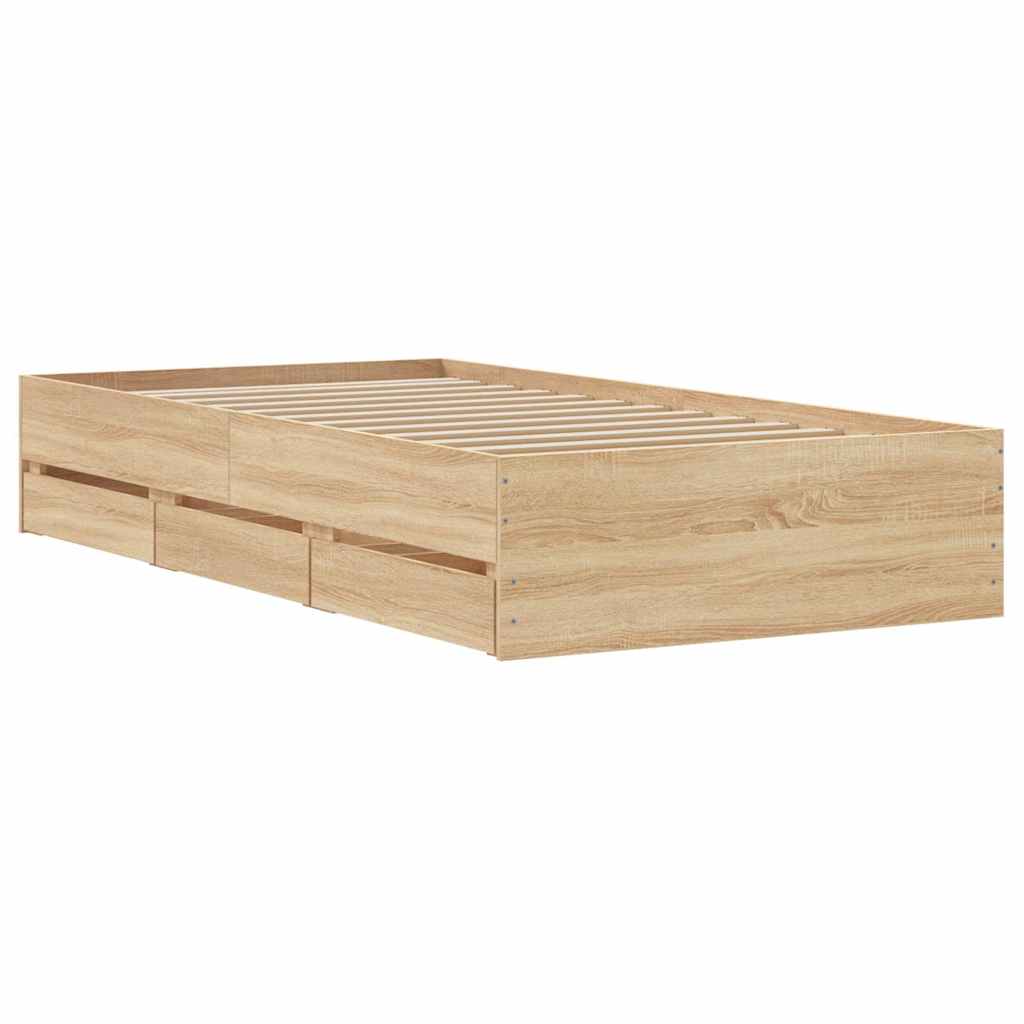 Bedframe met lades bewerkt hout sonoma eikenkleurig 90x200 cm is nu te koop bij PeponiXL, paradijselijk wonen!
